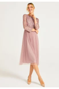 Embellished Sequin Long Sleeve Midi Dress In Lavender by Angeleye