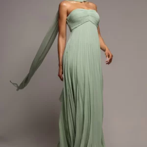 Fresh elegance meets effortless versatility in the Goddiva Sleeveless Pleated Chiffon Multiway Scarf Maxi Dress in Sage Green. Designed with a flowing A line silhouette, this Sage Green maxi dress features a pleated chiffon finish and a multiway scarf detail that can be styled to suit any occasion.